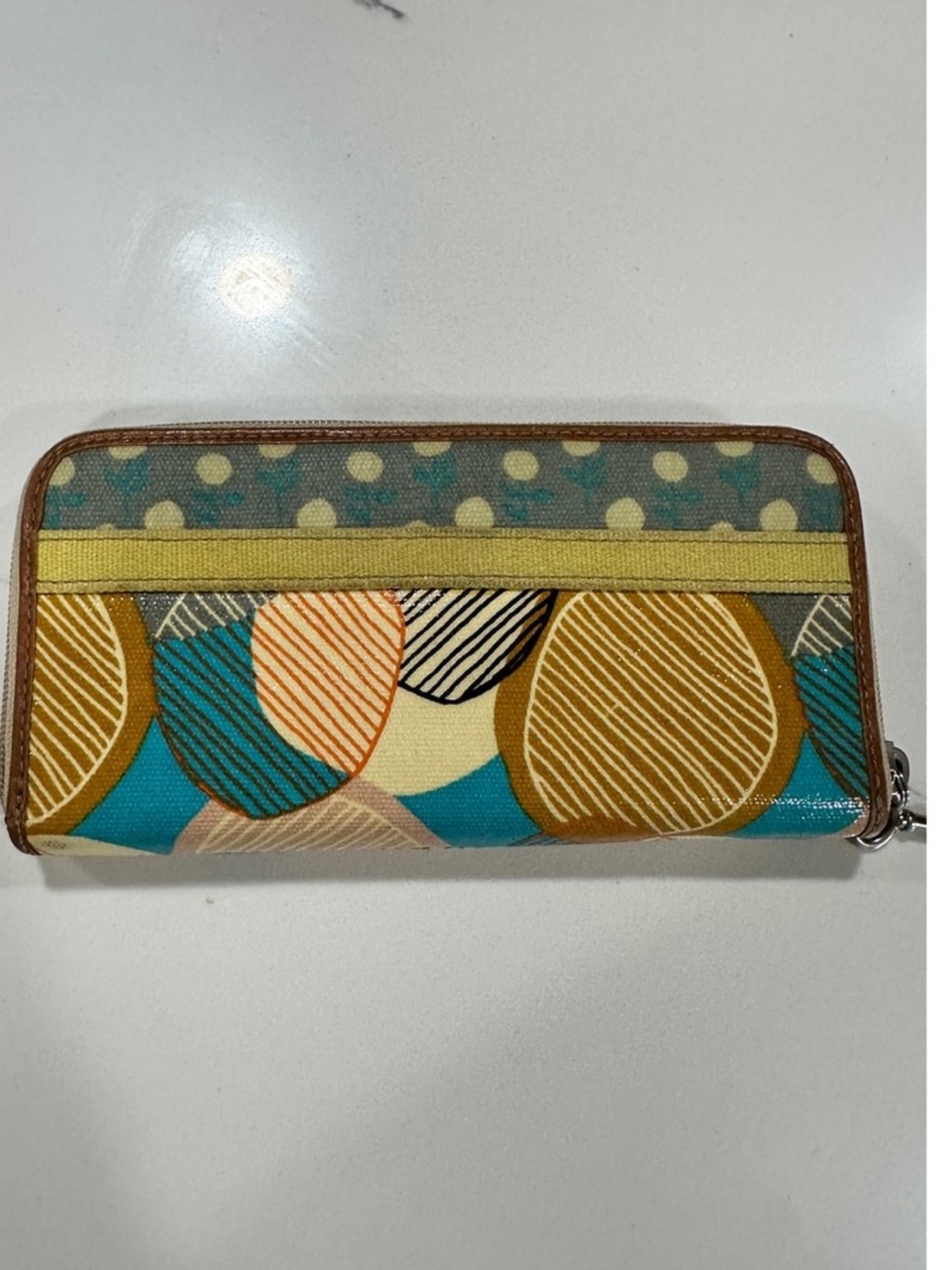 Fossil Teal, Mustard & Brown Graphic Zip Wallet